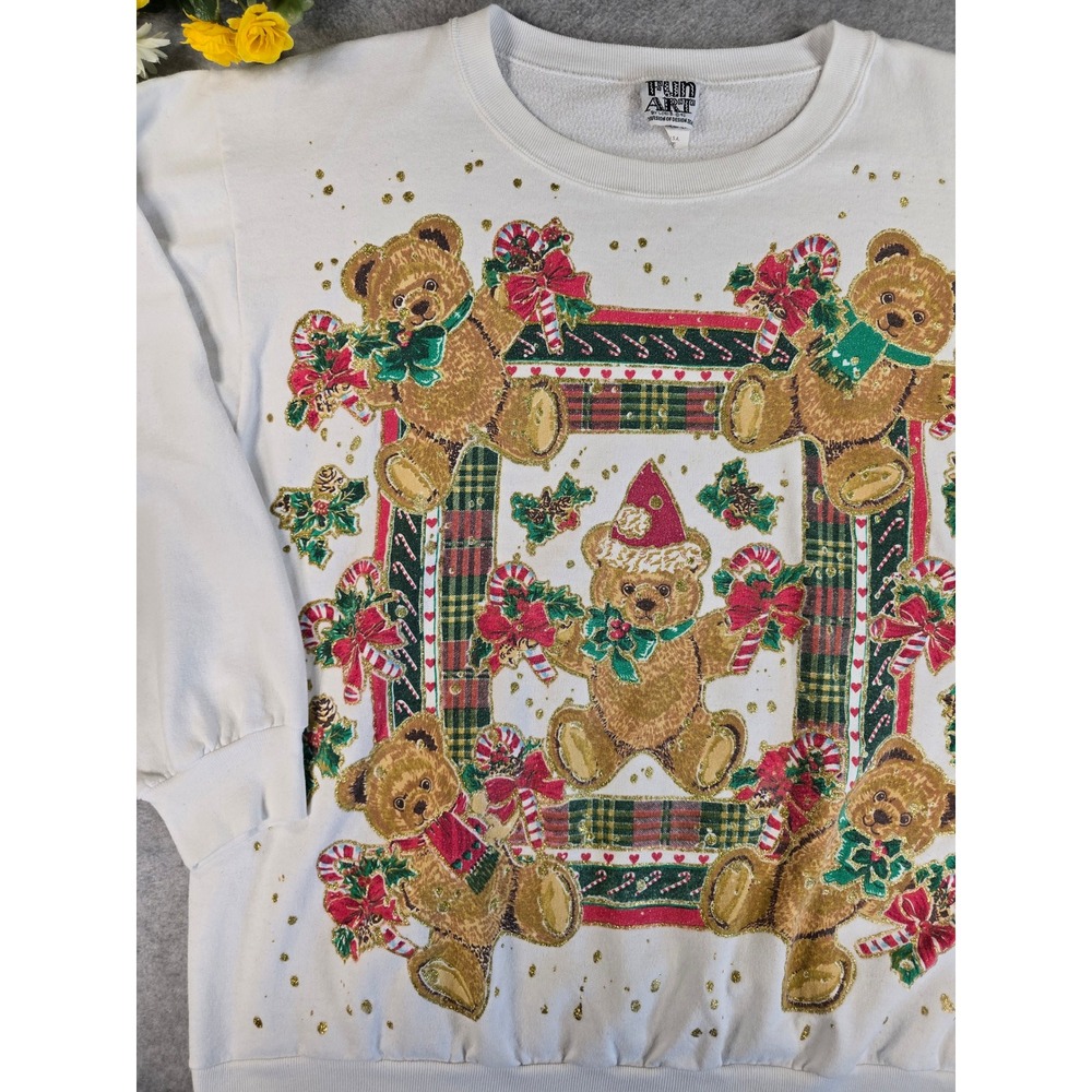 Vintage Fun Art by Lori B 1992 Christmas Teddy Bear Glitter Sweatshirt White OS